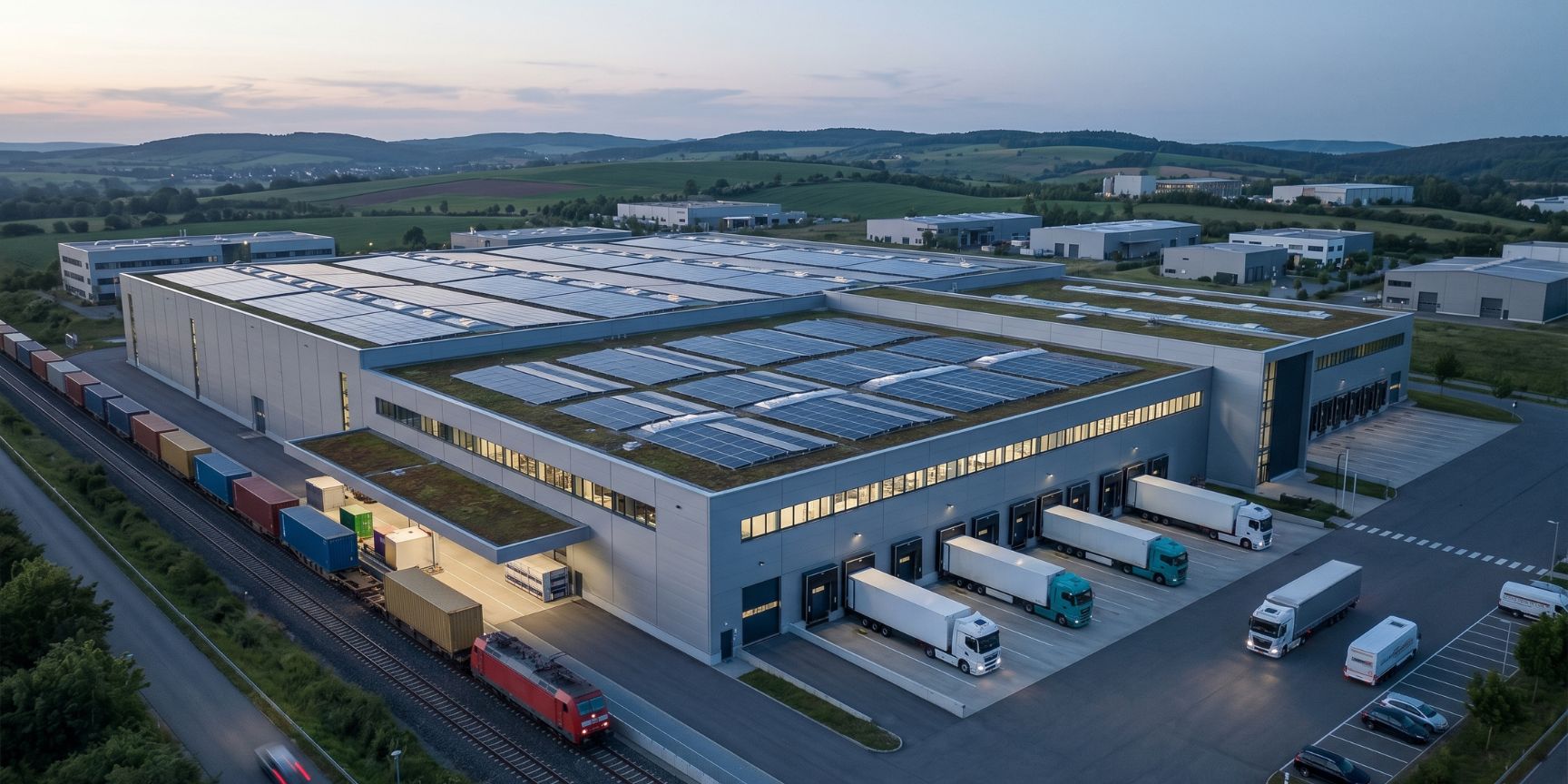 Modern logistics hall in Germany with integrated production and warehouse, photovoltaic roof. Freight train and truck unload goods for reshoring supply chains.